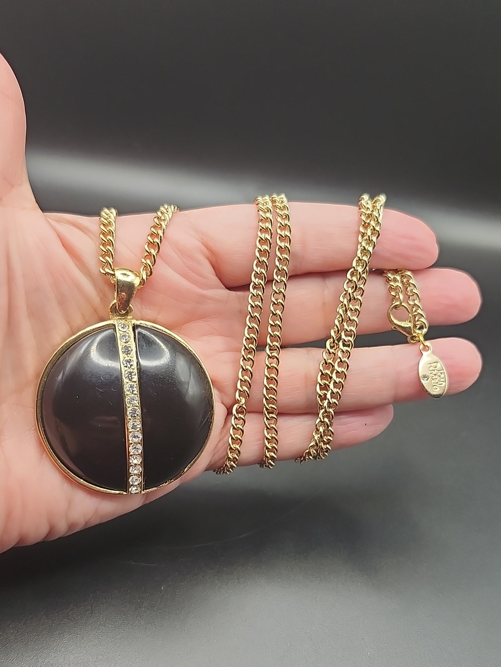 Joan Rivers Gold-Tone Necklace with Black Disc and Crystal Stripe